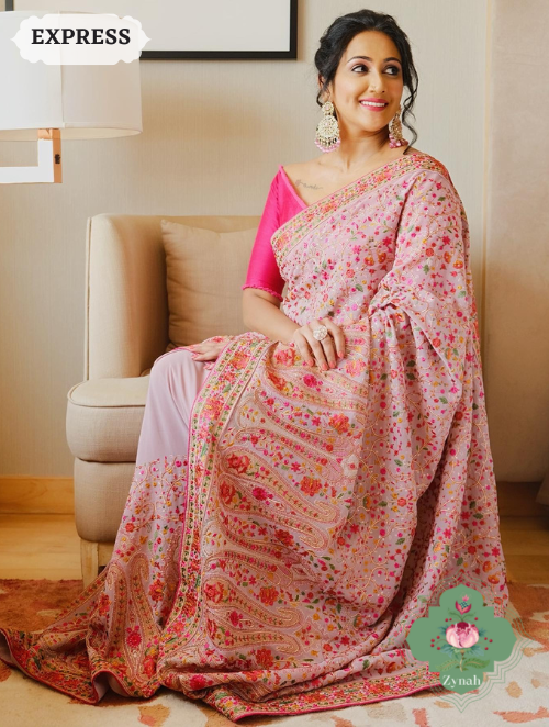 Zynah Mauve Color Pure Georgette Saree with Kashmiri Kashida inspired embroidery; Custom Stitched/Ready-made Blouse, Fall, Petticoat; SKU: 1403202301