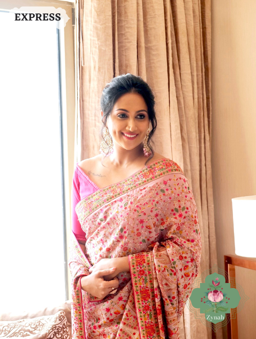 Zynah Mauve Color Pure Georgette Saree with Kashmiri Kashida inspired embroidery; Custom Stitched/Ready-made Blouse, Fall, Petticoat; SKU: 1403202301