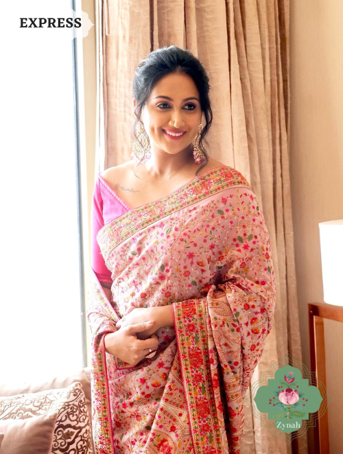 Zynah Mauve Color Pure Georgette Saree with Kashmiri Kashida inspired embroidery; Custom Stitched/Ready-made Blouse, Fall, Petticoat; SKU: 1403202301