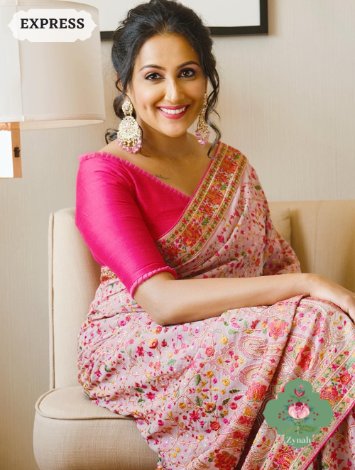 Zynah Mauve Color Pure Georgette Saree with Kashmiri Kashida inspired embroidery; Custom Stitched/Ready-made Blouse, Fall, Petticoat; SKU: 1403202301