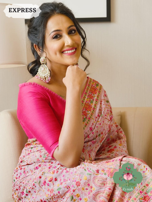 Zynah Mauve Color Pure Georgette Saree with Kashmiri Kashida inspired embroidery; Custom Stitched/Ready-made Blouse, Fall, Petticoat; SKU: 1403202301