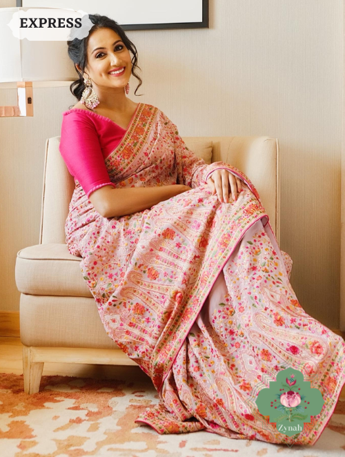 Zynah Mauve Color Pure Georgette Saree with Kashmiri Kashida inspired embroidery; Custom Stitched/Ready-made Blouse, Fall, Petticoat; SKU: 1403202301