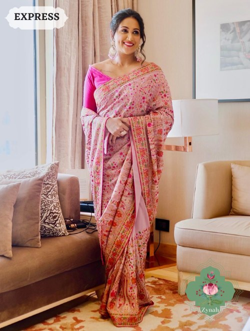 Zynah Mauve Color Pure Georgette Saree with Kashmiri Kashida inspired embroidery; Custom Stitched/Ready-made Blouse, Fall, Petticoat; SKU: 1403202301