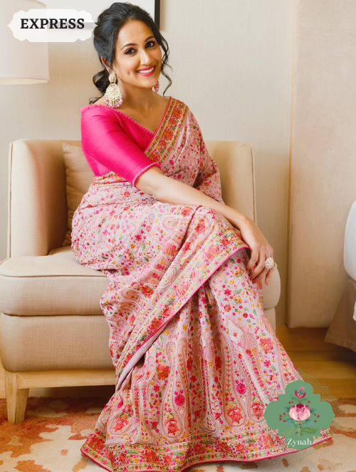 Zynah Mauve Color Pure Georgette Saree with Kashmiri Kashida inspired embroidery; Custom Stitched/Ready-made Blouse, Fall, Petticoat; SKU: 1403202301