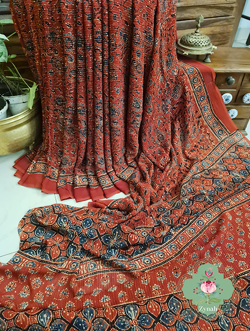 Zynah Madder Red Pure Georgette Sequence Work Saree with Ajrakh Handblock Prints; Custom Stitched/Ready-made Blouse, Fall, Petticoat; SKU: xyz-0301202302