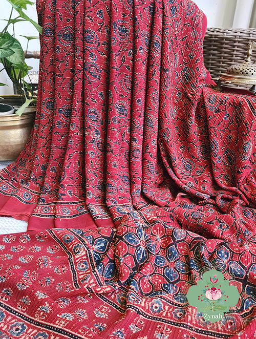 Zynah Madder Red Pure Georgette Sequence Work Saree with Ajrakh Handblock Prints; Custom Stitched/Ready-made Blouse, Fall, Petticoat; SKU: xyz-0301202302