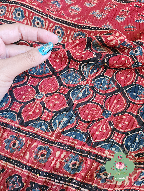 Zynah Madder Red Pure Georgette Sequence Work Saree with Ajrakh Handblock Prints; Custom Stitched/Ready-made Blouse, Fall, Petticoat; SKU: xyz-0301202302