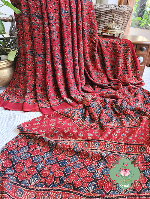Zynah Madder Red Pure Georgette Sequence Work Saree with Ajrakh Handblock Prints; Custom Stitched/Ready-made Blouse, Fall, Petticoat; SKU: xyz-0301202302
