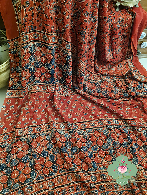 Zynah Madder Red Pure Georgette Sequence Work Saree with Ajrakh Handblock Prints; Custom Stitched/Ready-made Blouse, Fall, Petticoat; SKU: xyz-0301202302