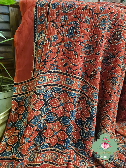 Zynah Madder Red Pure Georgette Sequence Work Saree with Ajrakh Handblock Prints; Custom Stitched/Ready-made Blouse, Fall, Petticoat; SKU: xyz-0301202302