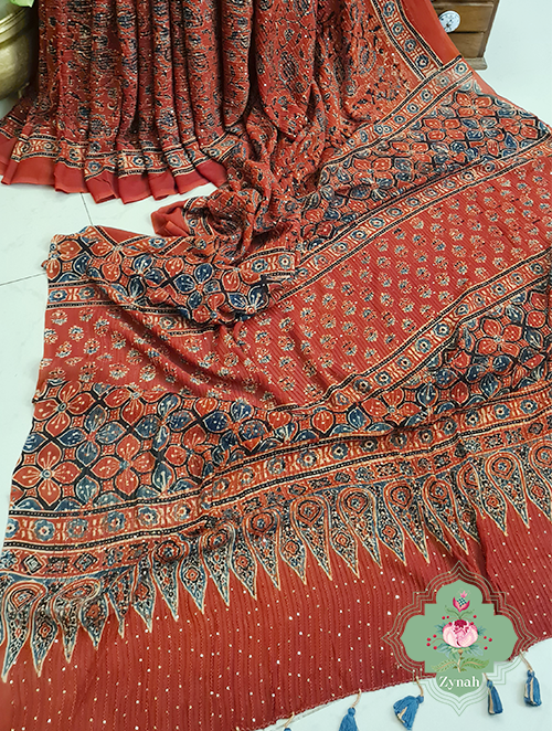 Zynah Madder Red Pure Georgette Sequence Work Saree with Ajrakh Handblock Prints; Custom Stitched/Ready-made Blouse, Fall, Petticoat; SKU: xyz-0301202302