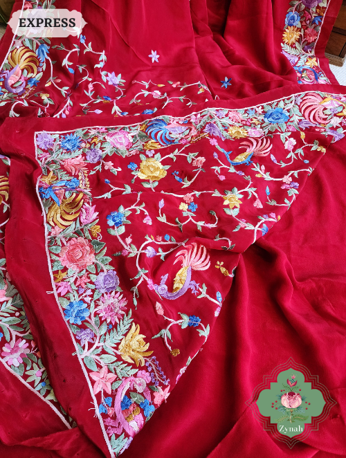 Zynah Made to Order Red Pure Crepe Silk Hand Embroidered Parsi Gara Saree, Authentic Vintage Art, Heirloom Piece; Custom Stitched/Ready-made Blouse, Fall, Petticoat; SKU: 2302202301