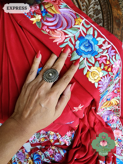 Zynah Made to Order Red Pure Crepe Silk Hand Embroidered Parsi Gara Saree, Authentic Vintage Art, Heirloom Piece; Custom Stitched/Ready-made Blouse, Fall, Petticoat; SKU: 2302202301