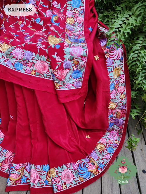 Zynah Made to Order Red Pure Crepe Silk Hand Embroidered Parsi Gara Saree, Authentic Vintage Art, Heirloom Piece; Custom Stitched/Ready-made Blouse, Fall, Petticoat; SKU: 2302202301