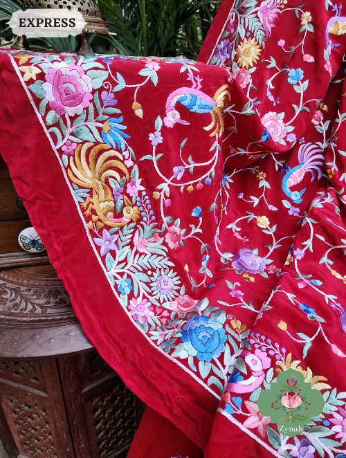 Zynah Made to Order Red Pure Crepe Silk Hand Embroidered Parsi Gara Saree, Authentic Vintage Art, Heirloom Piece; Custom Stitched/Ready-made Blouse, Fall, Petticoat; SKU: 2302202301