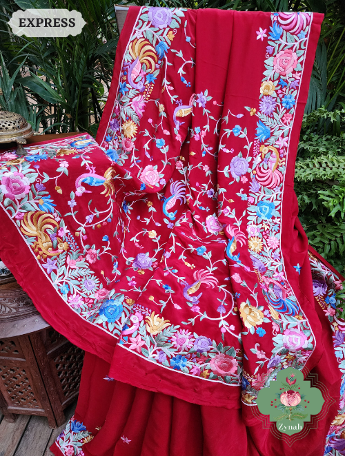 Zynah Made to Order Red Pure Crepe Silk Hand Embroidered Parsi Gara Saree, Authentic Vintage Art, Heirloom Piece; Custom Stitched/Ready-made Blouse, Fall, Petticoat; SKU: 2302202301