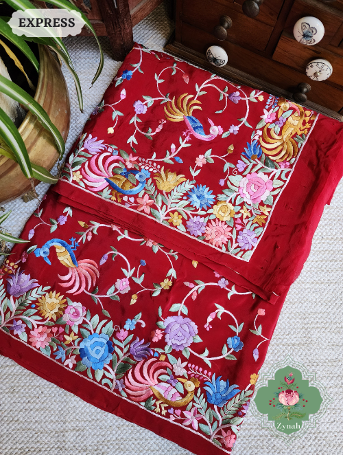 Zynah Made to Order Red Pure Crepe Silk Hand Embroidered Parsi Gara Saree, Authentic Vintage Art, Heirloom Piece; Custom Stitched/Ready-made Blouse, Fall, Petticoat; SKU: 2302202301