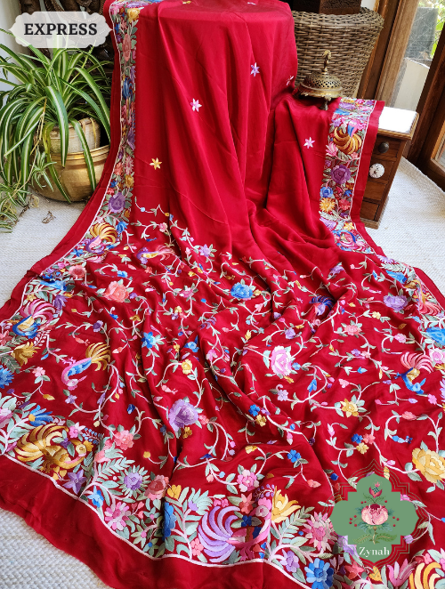 Zynah Made to Order Red Pure Crepe Silk Hand Embroidered Parsi Gara Saree, Authentic Vintage Art, Heirloom Piece; Custom Stitched/Ready-made Blouse, Fall, Petticoat; SKU: 2302202301