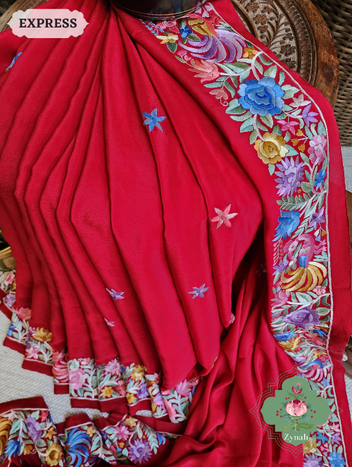 Zynah Made to Order Red Pure Crepe Silk Hand Embroidered Parsi Gara Saree, Authentic Vintage Art, Heirloom Piece; Custom Stitched/Ready-made Blouse, Fall, Petticoat; SKU: 2302202301