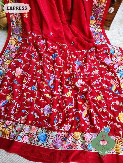 Zynah Made to Order Red Pure Crepe Silk Hand Embroidered Parsi Gara Saree, Authentic Vintage Art, Heirloom Piece; Custom Stitched/Ready-made Blouse, Fall, Petticoat; SKU: 2302202301