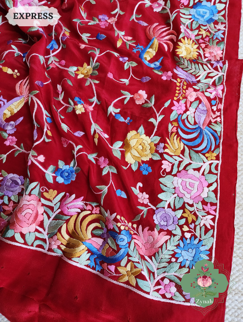 Zynah Made to Order Red Pure Crepe Silk Hand Embroidered Parsi Gara Saree, Authentic Vintage Art, Heirloom Piece; Custom Stitched/Ready-made Blouse, Fall, Petticoat; SKU: 2302202301