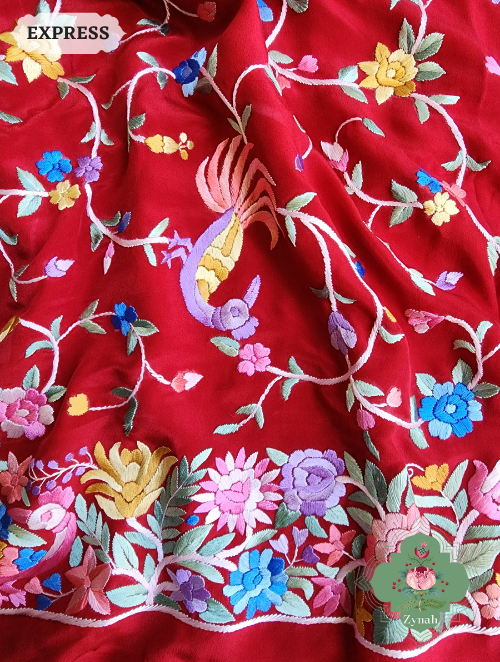 Zynah Made to Order Red Pure Crepe Silk Hand Embroidered Parsi Gara Saree, Authentic Vintage Art, Heirloom Piece; Custom Stitched/Ready-made Blouse, Fall, Petticoat; SKU: 2302202301