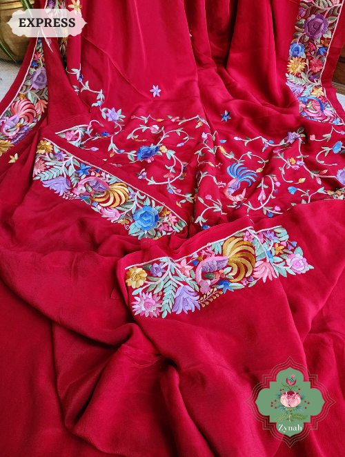Zynah Made to Order Red Pure Crepe Silk Hand Embroidered Parsi Gara Saree, Authentic Vintage Art, Heirloom Piece; Custom Stitched/Ready-made Blouse, Fall, Petticoat; SKU: 2302202301