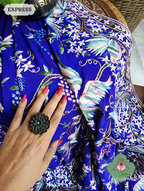 Zynah Royal Blue Pure Crepe Silk Hand Embroidered Parsi Gara Saree, Authentic Vintage Art, Heirloom Piece; Custom Stitched/Ready-made Blouse, Fall, Petticoat; SKU: 2302202303