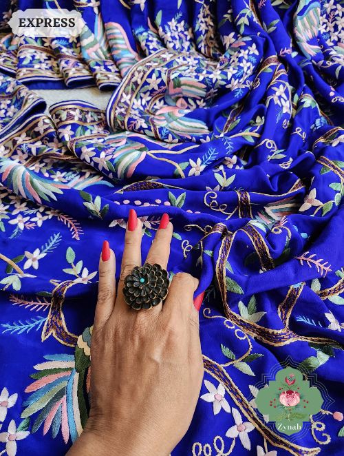 Zynah Royal Blue Pure Crepe Silk Hand Embroidered Parsi Gara Saree, Authentic Vintage Art, Heirloom Piece; Custom Stitched/Ready-made Blouse, Fall, Petticoat; SKU: 2302202303