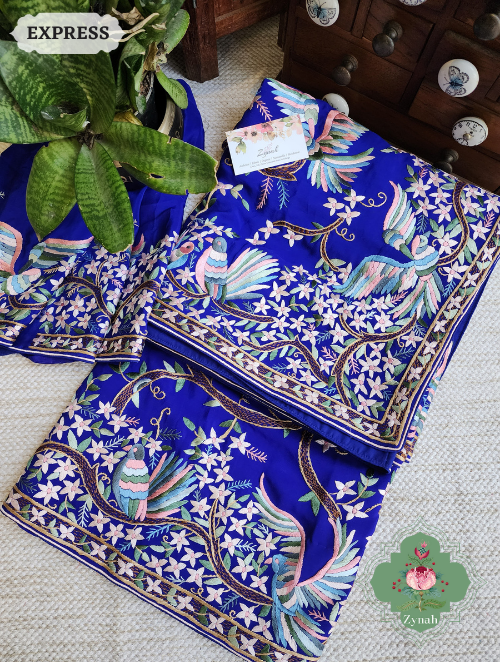 Zynah Royal Blue Pure Crepe Silk Hand Embroidered Parsi Gara Saree, Authentic Vintage Art, Heirloom Piece; Custom Stitched/Ready-made Blouse, Fall, Petticoat; SKU: 2302202303