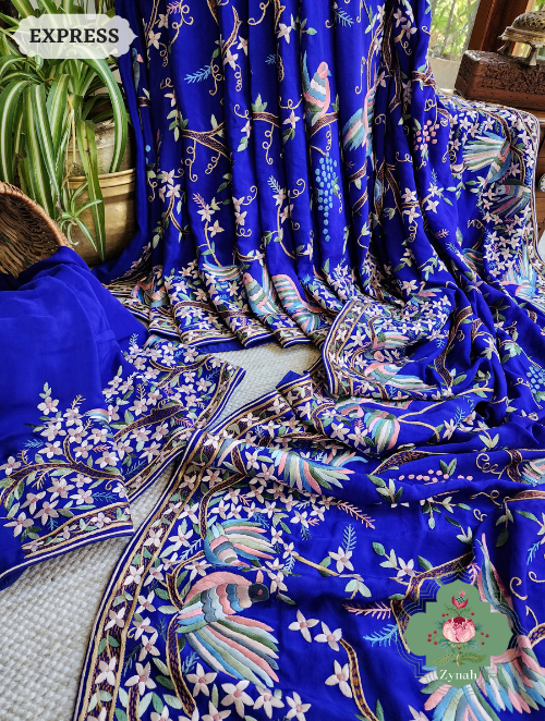 Zynah Royal Blue Pure Crepe Silk Hand Embroidered Parsi Gara Saree, Authentic Vintage Art, Heirloom Piece; Custom Stitched/Ready-made Blouse, Fall, Petticoat; SKU: 2302202303