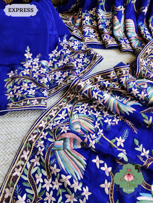 Zynah Royal Blue Pure Crepe Silk Hand Embroidered Parsi Gara Saree, Authentic Vintage Art, Heirloom Piece; Custom Stitched/Ready-made Blouse, Fall, Petticoat; SKU: 2302202303