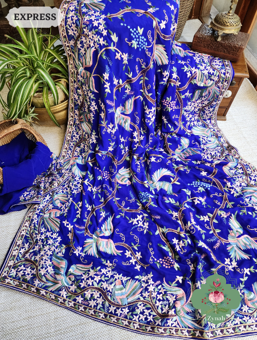 Zynah Royal Blue Pure Crepe Silk Hand Embroidered Parsi Gara Saree, Authentic Vintage Art, Heirloom Piece; Custom Stitched/Ready-made Blouse, Fall, Petticoat; SKU: 2302202303