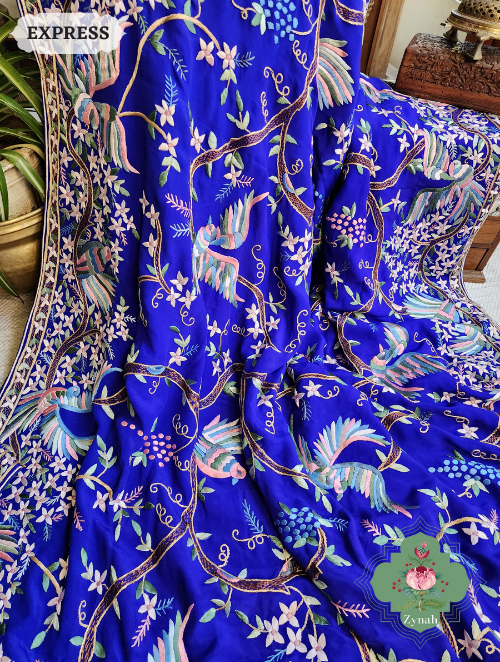 Zynah Royal Blue Pure Crepe Silk Hand Embroidered Parsi Gara Saree, Authentic Vintage Art, Heirloom Piece; Custom Stitched/Ready-made Blouse, Fall, Petticoat; SKU: 2302202303