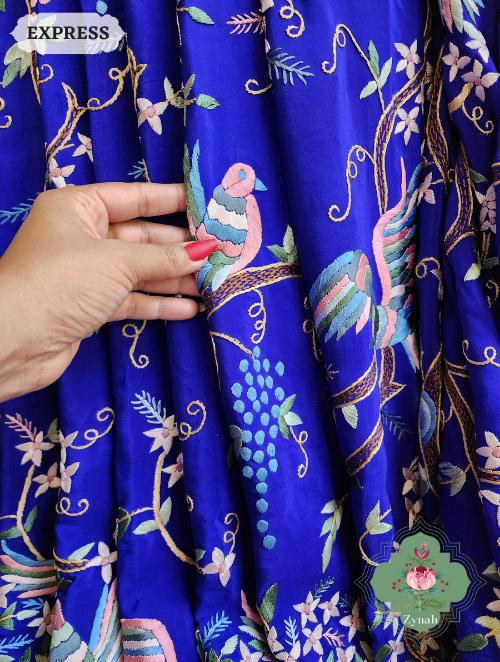 Zynah Royal Blue Pure Crepe Silk Hand Embroidered Parsi Gara Saree, Authentic Vintage Art, Heirloom Piece; Custom Stitched/Ready-made Blouse, Fall, Petticoat; SKU: 2302202303