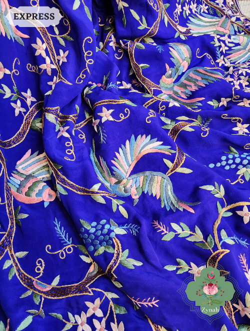 Zynah Royal Blue Pure Crepe Silk Hand Embroidered Parsi Gara Saree, Authentic Vintage Art, Heirloom Piece; Custom Stitched/Ready-made Blouse, Fall, Petticoat; SKU: 2302202303