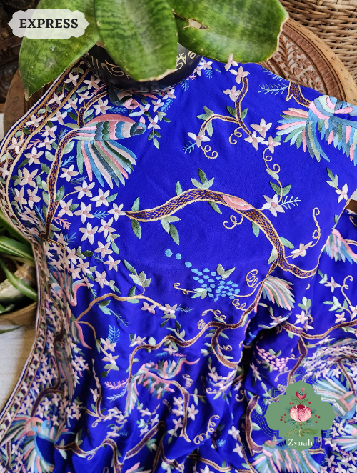Zynah Royal Blue Pure Crepe Silk Hand Embroidered Parsi Gara Saree, Authentic Vintage Art, Heirloom Piece; Custom Stitched/Ready-made Blouse, Fall, Petticoat; SKU: 2302202303
