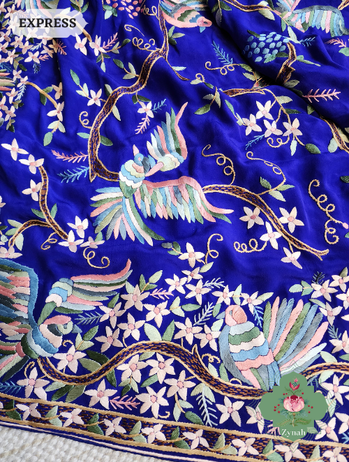 Zynah Royal Blue Pure Crepe Silk Hand Embroidered Parsi Gara Saree, Authentic Vintage Art, Heirloom Piece; Custom Stitched/Ready-made Blouse, Fall, Petticoat; SKU: 2302202303