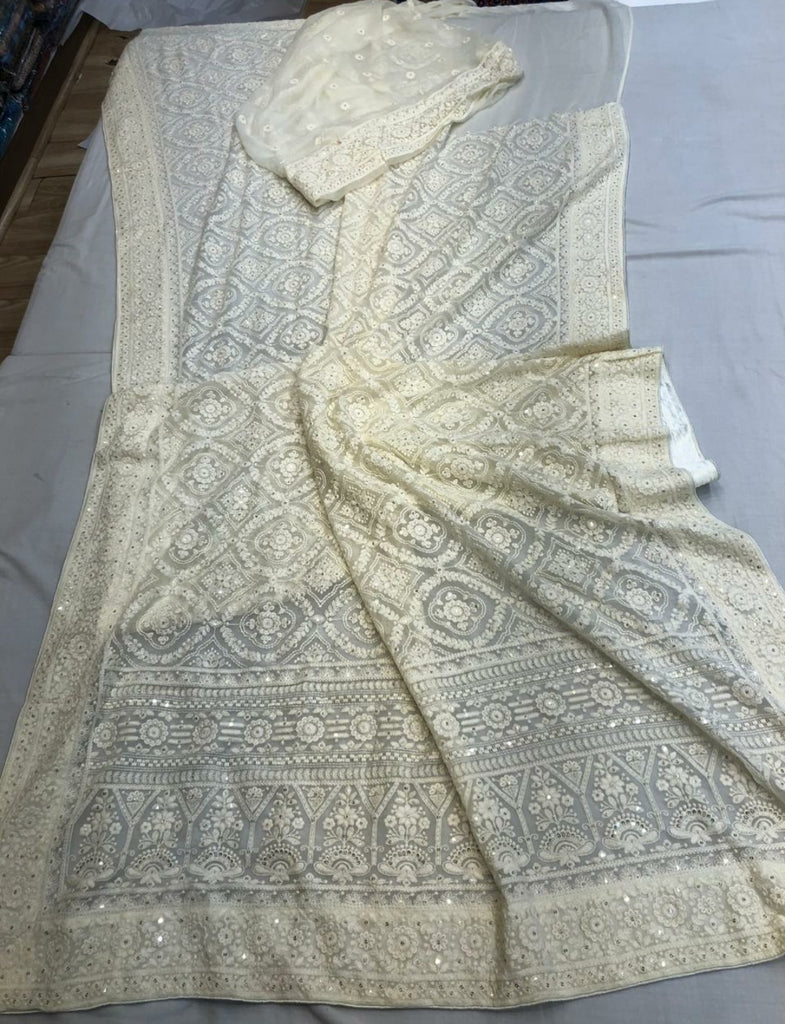 Zynah Pure Georgette Chikankari Saree in Pastel Shades, Sequence Hand work, Dyeable; Custom Stitched/Ready-made Blouse, Fall, Petticoat; Shipping available USA, Worldwide