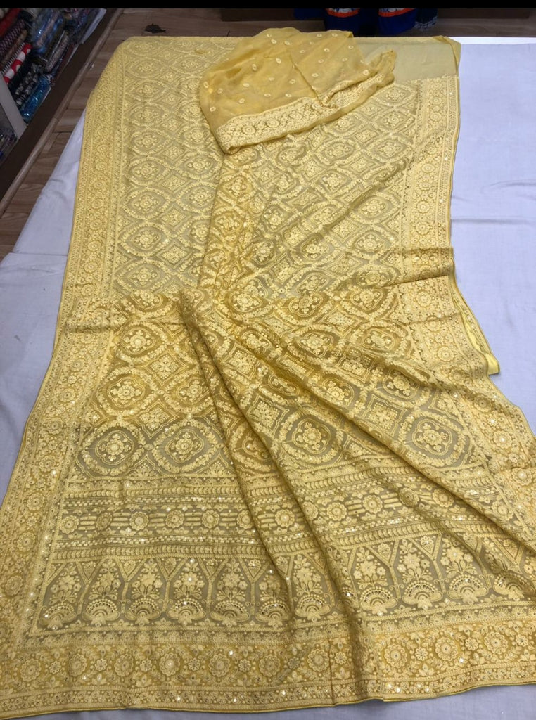 Zynah Pure Georgette Chikankari Saree in Pastel Shades, Sequence Hand work, Dyeable; Custom Stitched/Ready-made Blouse, Fall, Petticoat; Shipping available USA, Worldwide