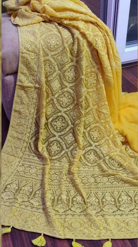 Zynah Pure Georgette Chikankari Saree in Pastel Shades, Sequence Hand work, Dyeable; Custom Stitched/Ready-made Blouse, Fall, Petticoat; Shipping available USA, Worldwide