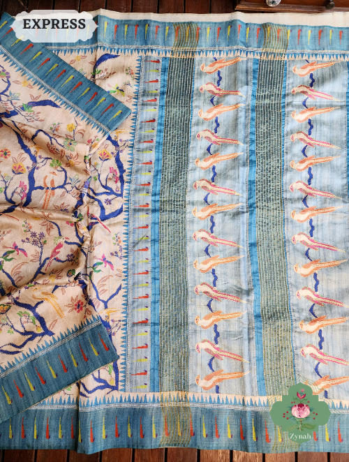 Zynah Beige/Sky Blue Jute Linen Saree With Kantha Work; Custom Stitched/Ready-made Blouse, Fall, Petticoat; SKU: 1104202304