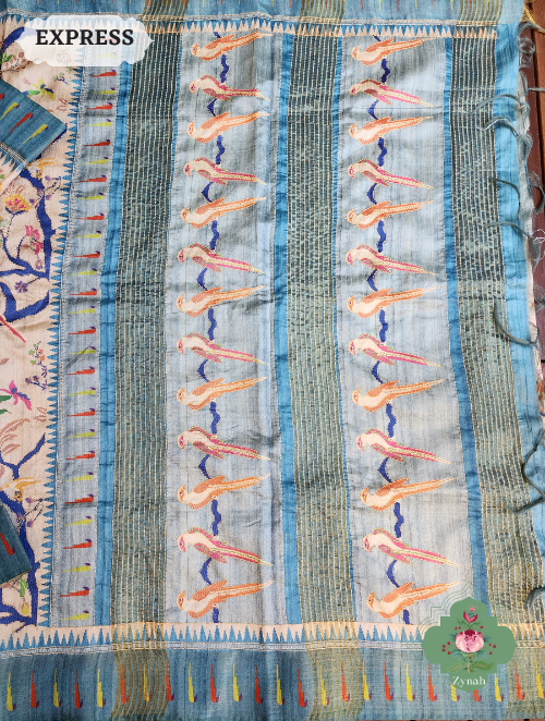 Zynah Beige/Sky Blue Jute Linen Saree With Kantha Work; Custom Stitched/Ready-made Blouse, Fall, Petticoat; SKU: 1104202304