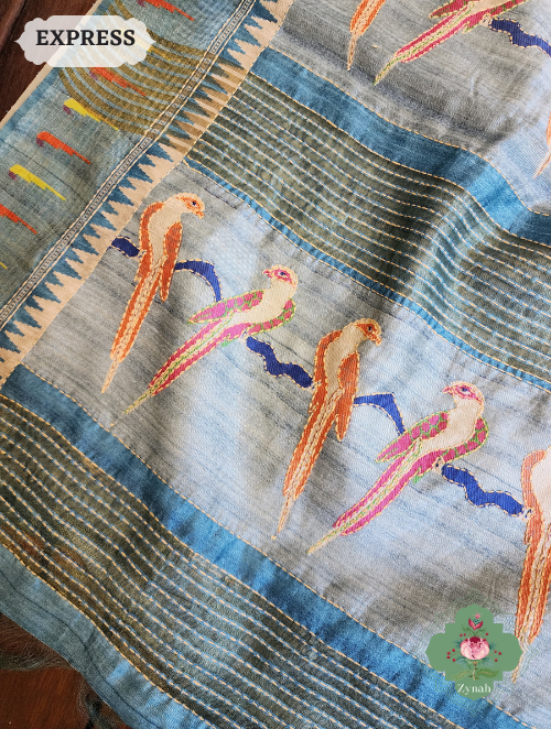 Zynah Beige/Sky Blue Jute Linen Saree With Kantha Work; Custom Stitched/Ready-made Blouse, Fall, Petticoat; SKU: 1104202304