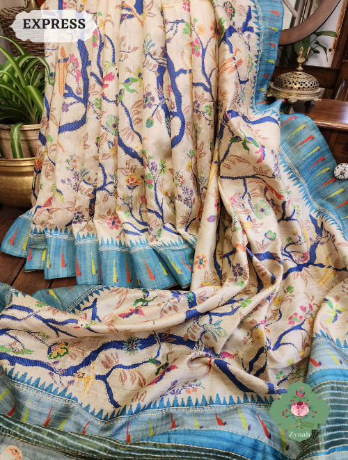 Zynah Beige/Sky Blue Jute Linen Saree With Kantha Work; Custom Stitched/Ready-made Blouse, Fall, Petticoat; SKU: 1104202304