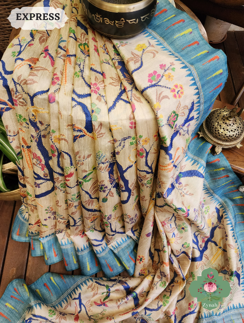 Zynah Beige/Sky Blue Jute Linen Saree With Kantha Work; Custom Stitched/Ready-made Blouse, Fall, Petticoat; SKU: 1104202304