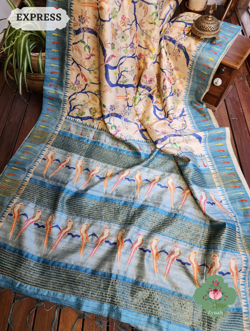 Zynah Beige/Sky Blue Jute Linen Saree With Kantha Work; Custom Stitched/Ready-made Blouse, Fall, Petticoat; SKU: 1104202304