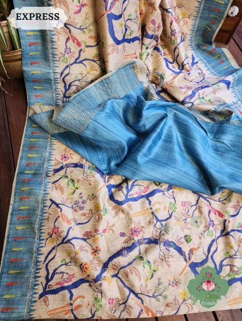 Zynah Beige/Sky Blue Jute Linen Saree With Kantha Work; Custom Stitched/Ready-made Blouse, Fall, Petticoat; SKU: 1104202304