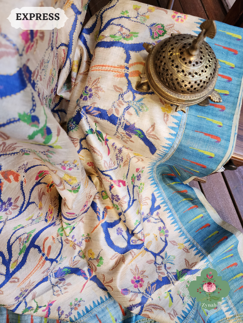 Zynah Beige/Sky Blue Jute Linen Saree With Kantha Work; Custom Stitched/Ready-made Blouse, Fall, Petticoat; SKU: 1104202304