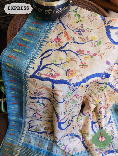 Zynah Beige/Sky Blue Jute Linen Saree With Kantha Work; Custom Stitched/Ready-made Blouse, Fall, Petticoat; SKU: 1104202304